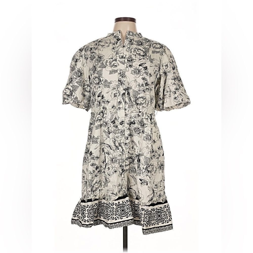 Joie | Cream & Black Belted Puff Sleeve Button Down Cotton Poplin Dress NWT | 16